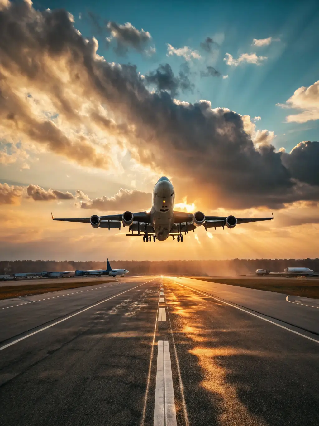 A large cargo airplane taking off at sunset, representing Mobile BFG's efficient and reliable air freight services.